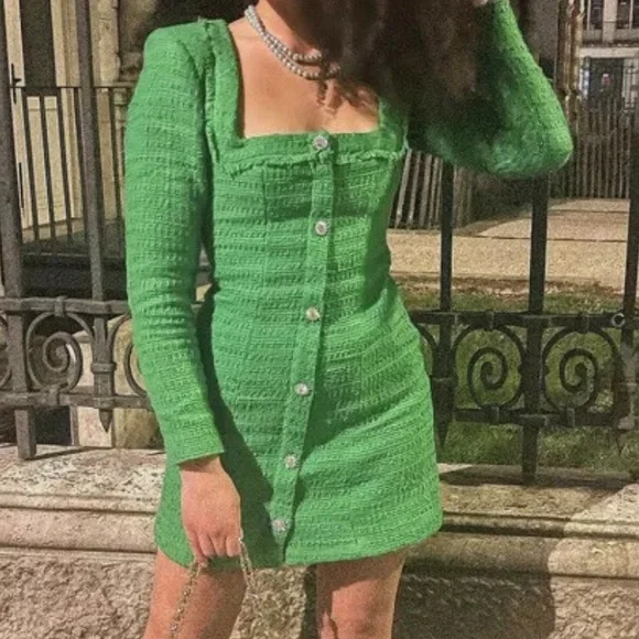 green emerald velvet dress Green V-Neck Short Sleeve Tweed Cocktail Dress- Sara S main image 1